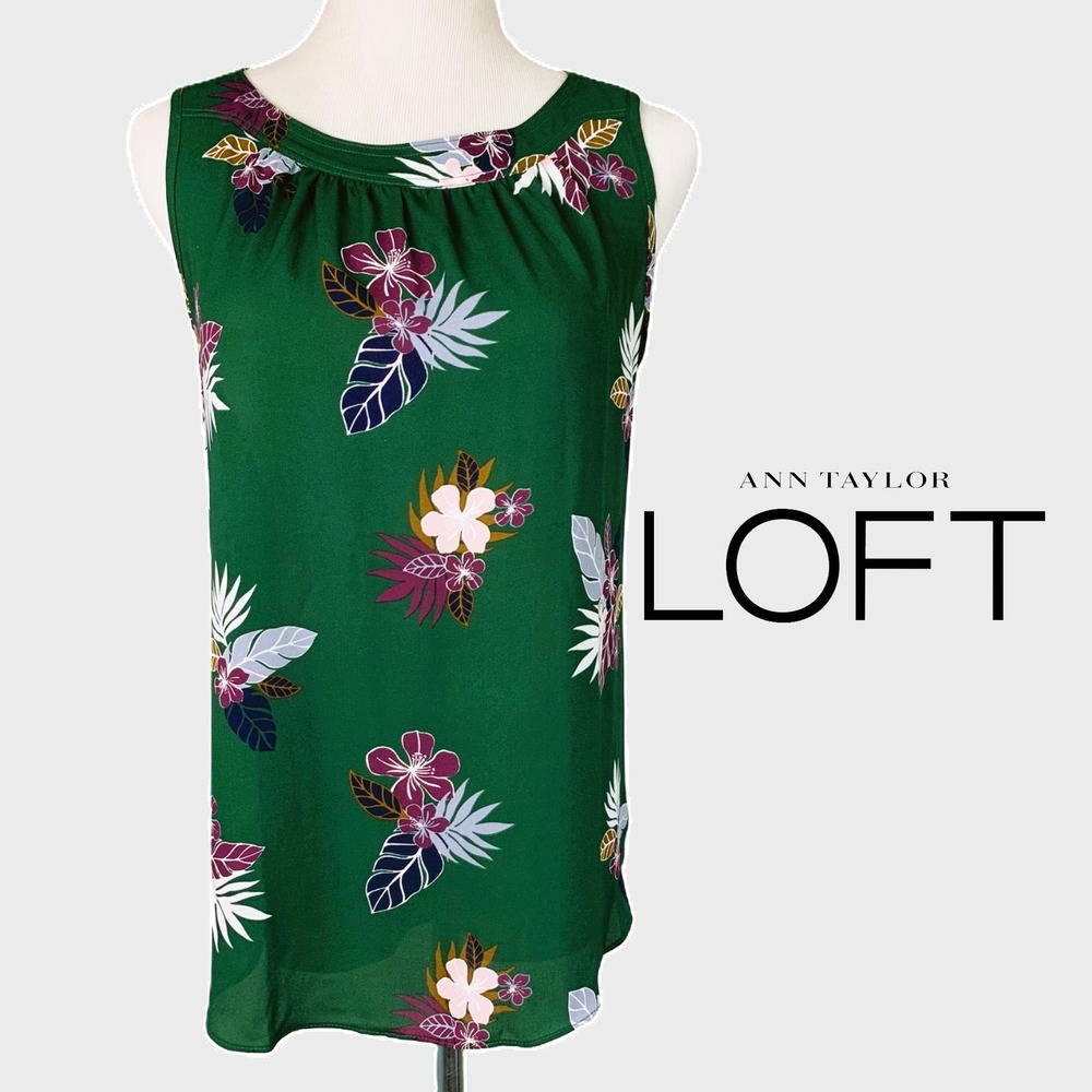 LOFT Mixed Media Shell Blouse Green Tropical Floral Sleeveless Top MP Petites